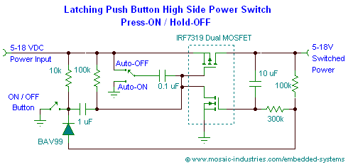 Circuit schematic of a latching push button ON/OFF power switch using a MOSFET high side switch