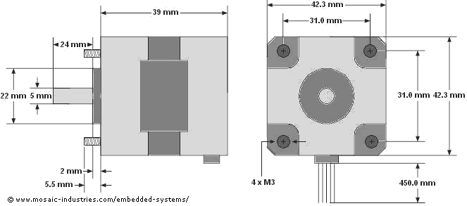 Stepper motor size and physical dimensions for a NEMA 17 stepper motor